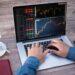 Line and candlestick forex charts with trading course annotations on screen